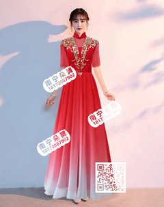 红白渐变金花立领长礼服