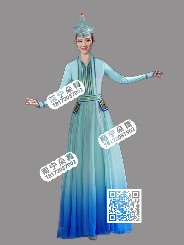 青蓝过渡金色条纹蒙古女裙1