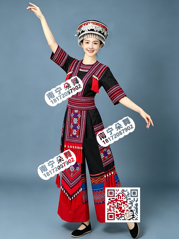 黑衣红边壮锦边裤脚瑶族裤装